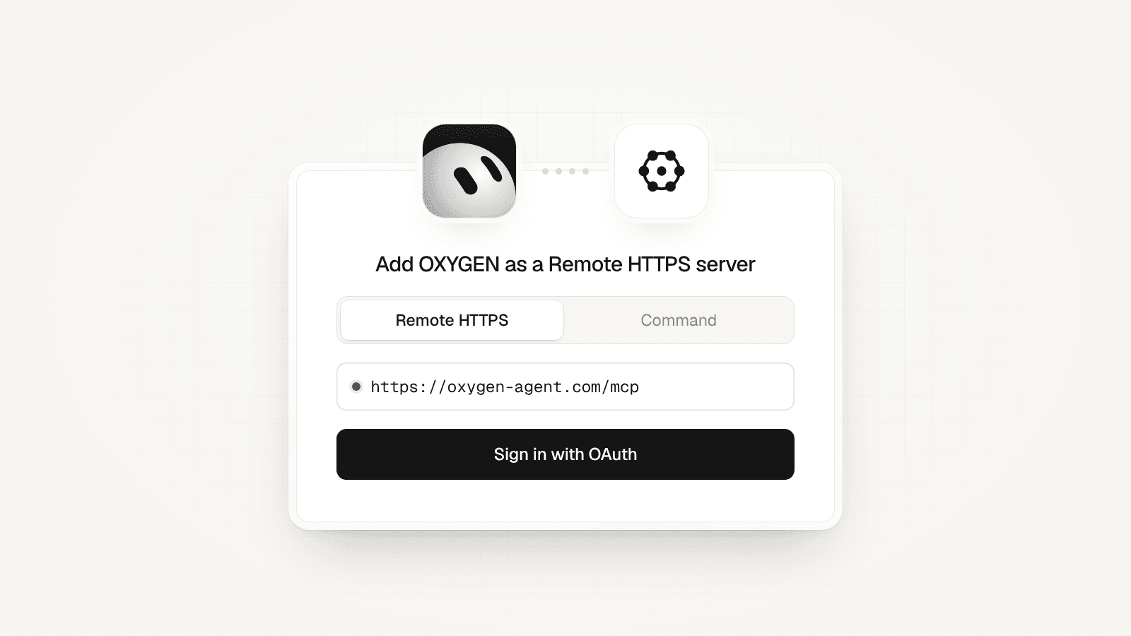 A connect card with the Grok Bot mark linked to the OXYGEN mark: Remote HTTPS, https://joinoxygenhq.com/mcp, and Sign in with OAuth.